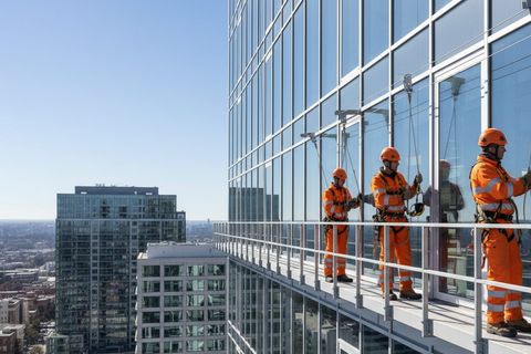 Workers clipped on to a guarded walkway on the side of a high-rise