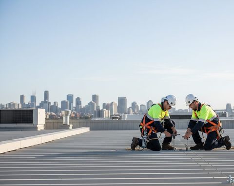 Two installers in harnesses fixing a roof anchor on a metal roof