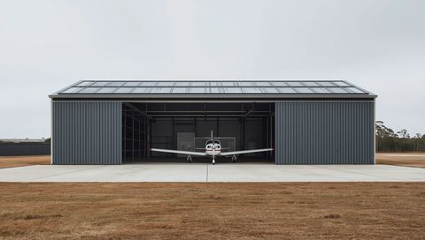Aircraft hangar with a corrugated steel roof at a regional airport