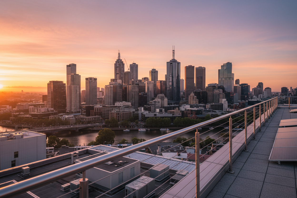 melbourne city buildings with handrail and roof access at sunrise